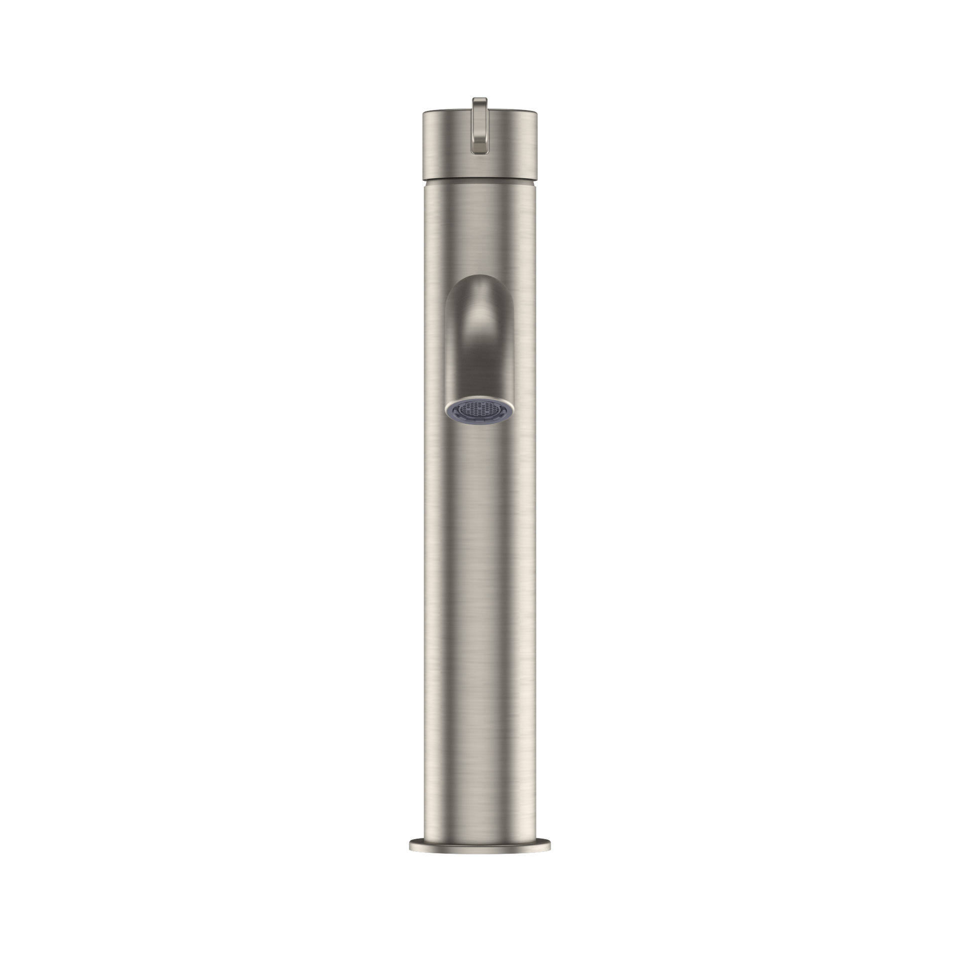 Brushed nickel single-handle bathroom sink faucet with tall cylindrical spout and integrated control lever.