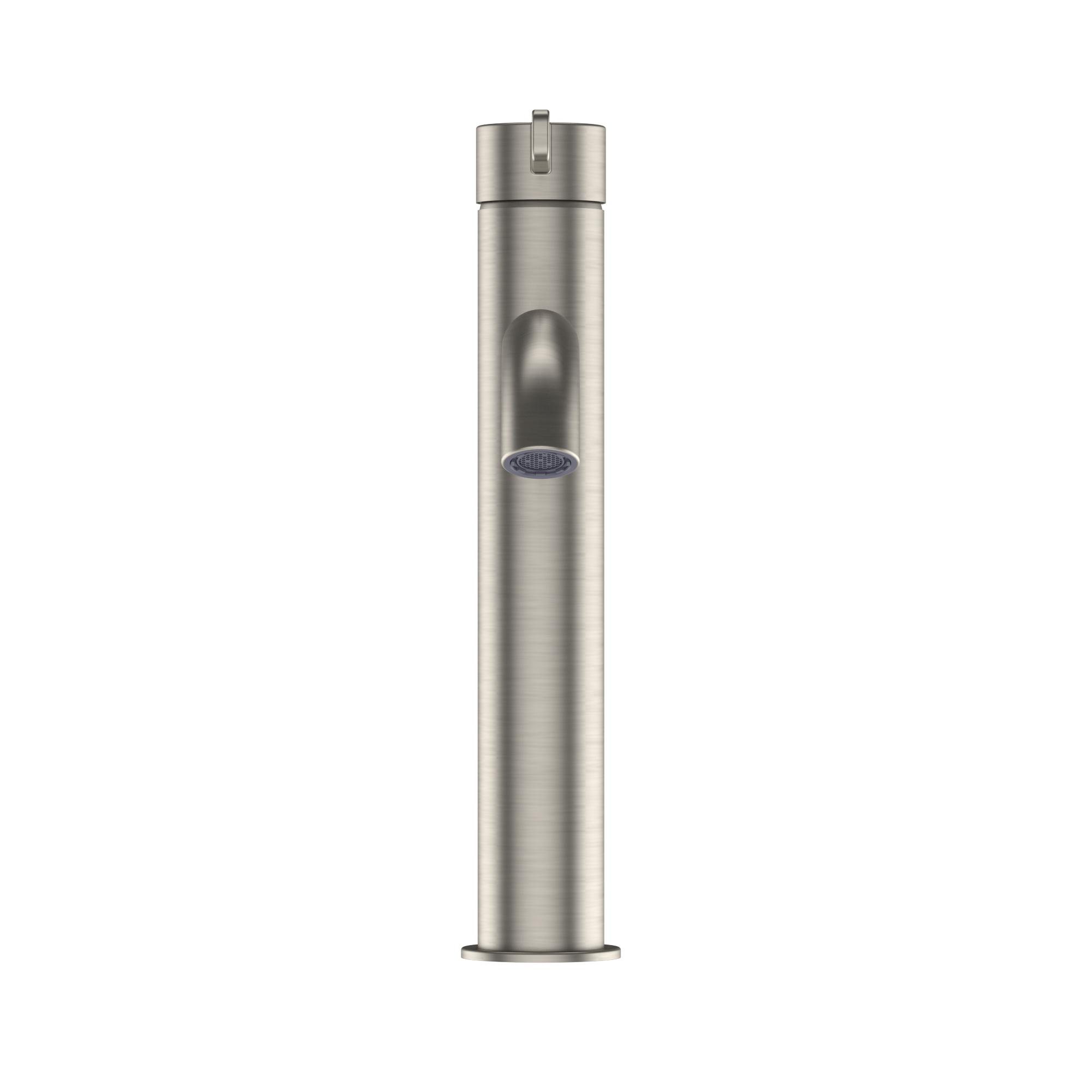 Brushed nickel single-handle bathroom sink faucet with tall cylindrical spout and integrated control lever.