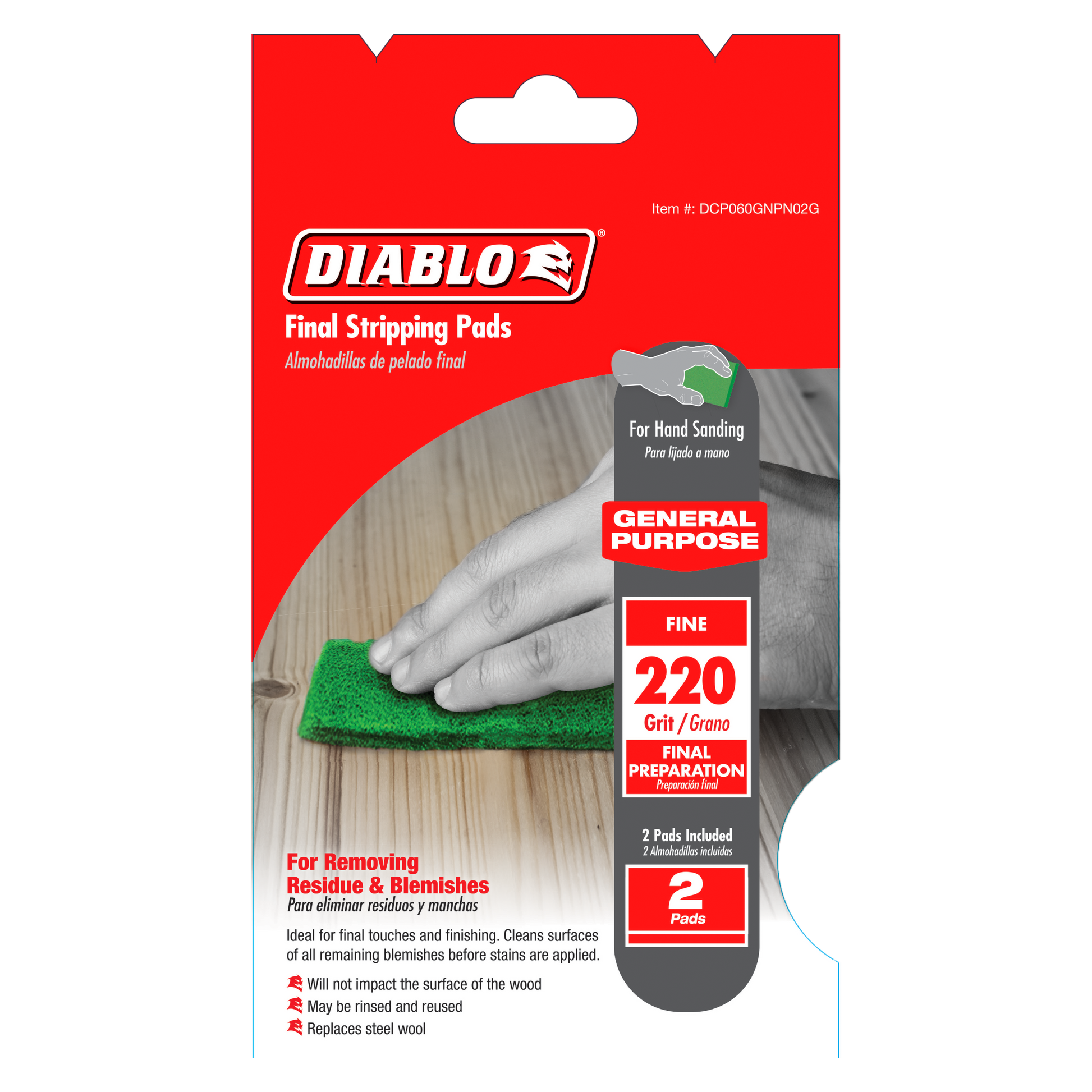 Two green 220-grit stripping pads for hand sanding wood surfaces.