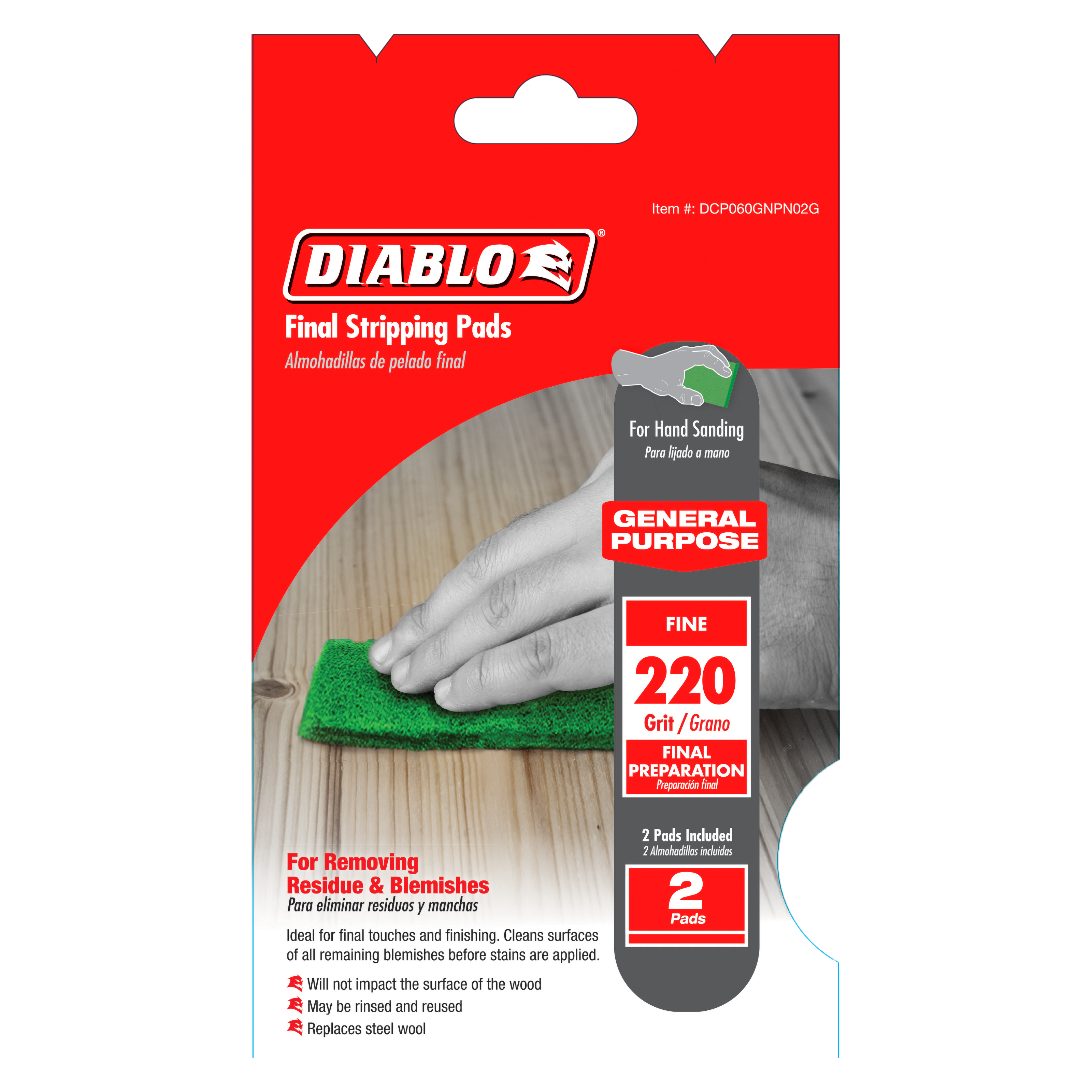 Two green 220-grit stripping pads for hand sanding wood surfaces.