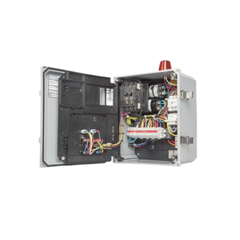 Industrial control panel with open door showing internal wiring, circuit components, red alarm beacon on top, and terminal bl