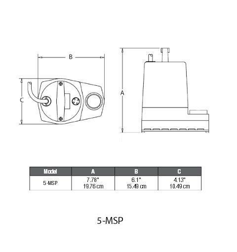 Little Giant 5-MSP submersible utility pump shown in top and side view with dimensions and specifications table.
