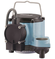 Black and blue submersible sump pump with handle, discharge outlet, and power cord attachment.