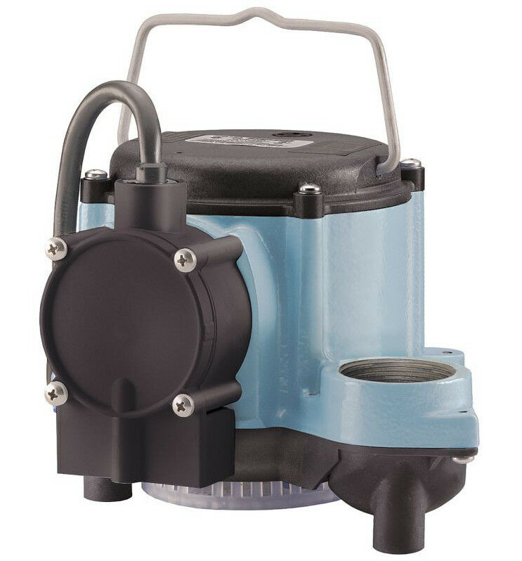 Black and blue submersible sump pump with handle, discharge outlet, and power cord attachment.