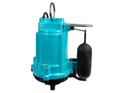 Turquoise cylindrical sump pump with black float switch and discharge hose attached.