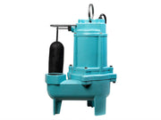 Turquoise submersible sewage pump with black float switch and discharge outlet on white background.