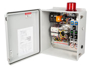 White electrical control panel with open door showing wiring, relays, and red alarm beacon on top.