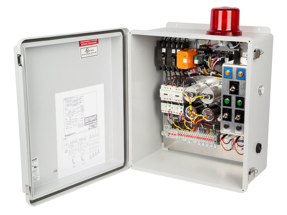 White electrical control panel with open door showing wiring, relays, and red alarm beacon on top.