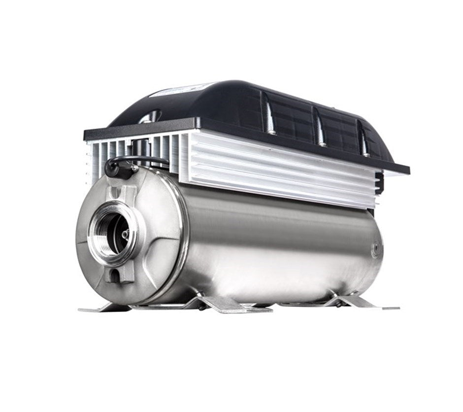 Stainless steel pump motor assembly with black housing and aluminum fin cooling component mounted on top.