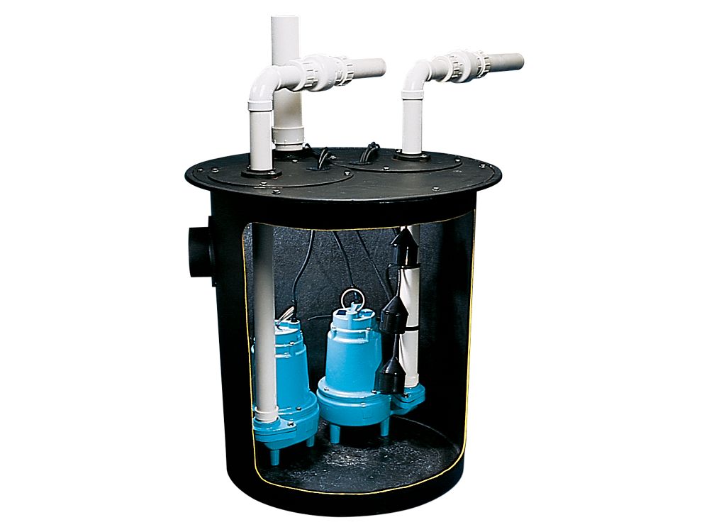Black cylindrical pump basin with black lid containing two blue submersible pumps and white PVC discharge pipes.
