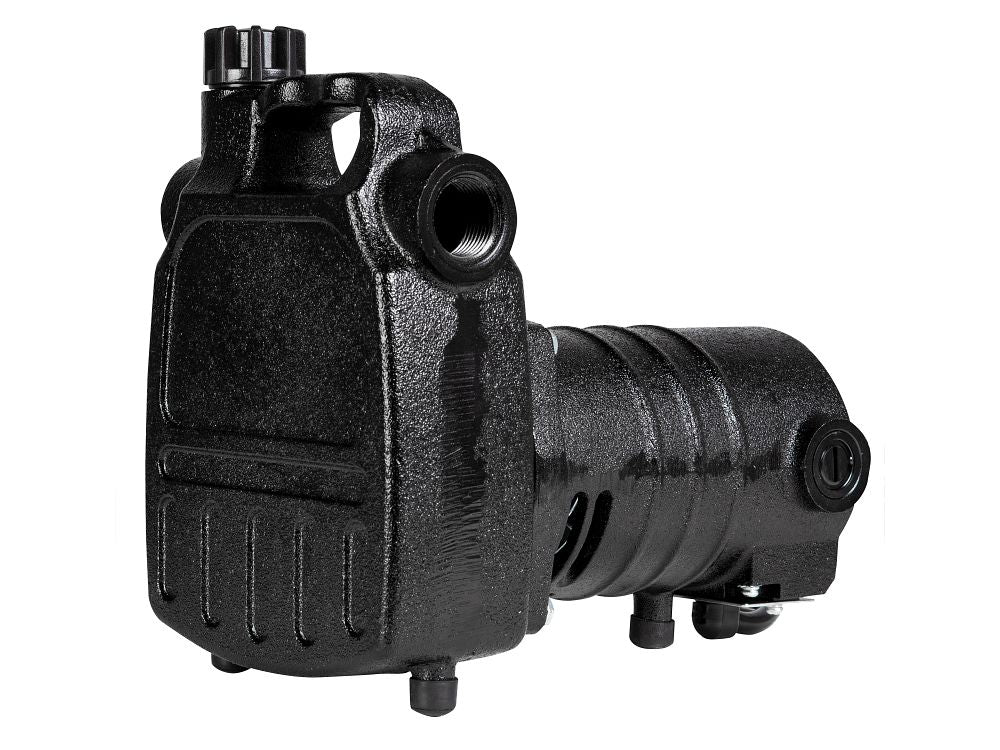 Black cast iron self-priming transfer pump with inlet and outlet ports, featuring a motor housing and priming lid on top.