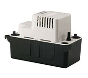 White and black condensate removal pump with ventilation slots and black tubing connectors on sides.