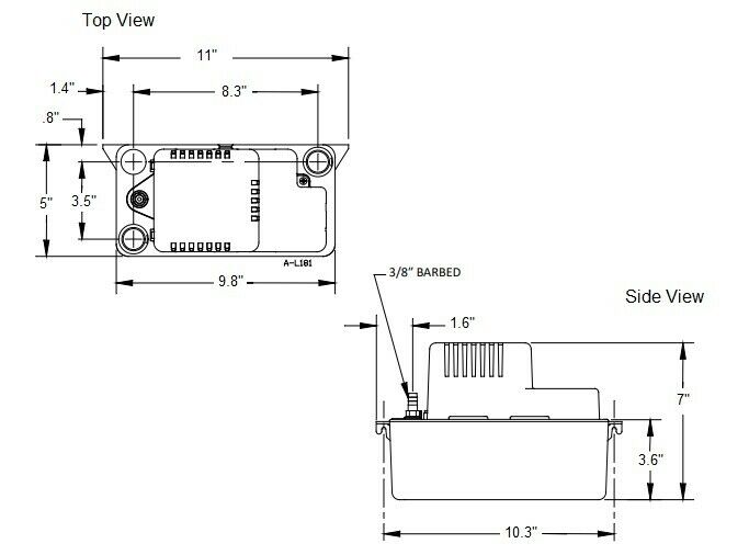 Compact condensate pump with top and side view technical diagrams showing dimensions and mounting points.