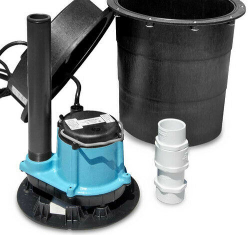Blue and black submersible pump with vertical discharge pipe, black collection basin, and white adapter fittings.