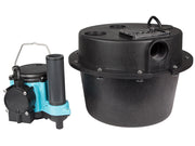 Black cylindrical basin with lid and outlet port next to blue and black submersible pump with handle and discharge tube.