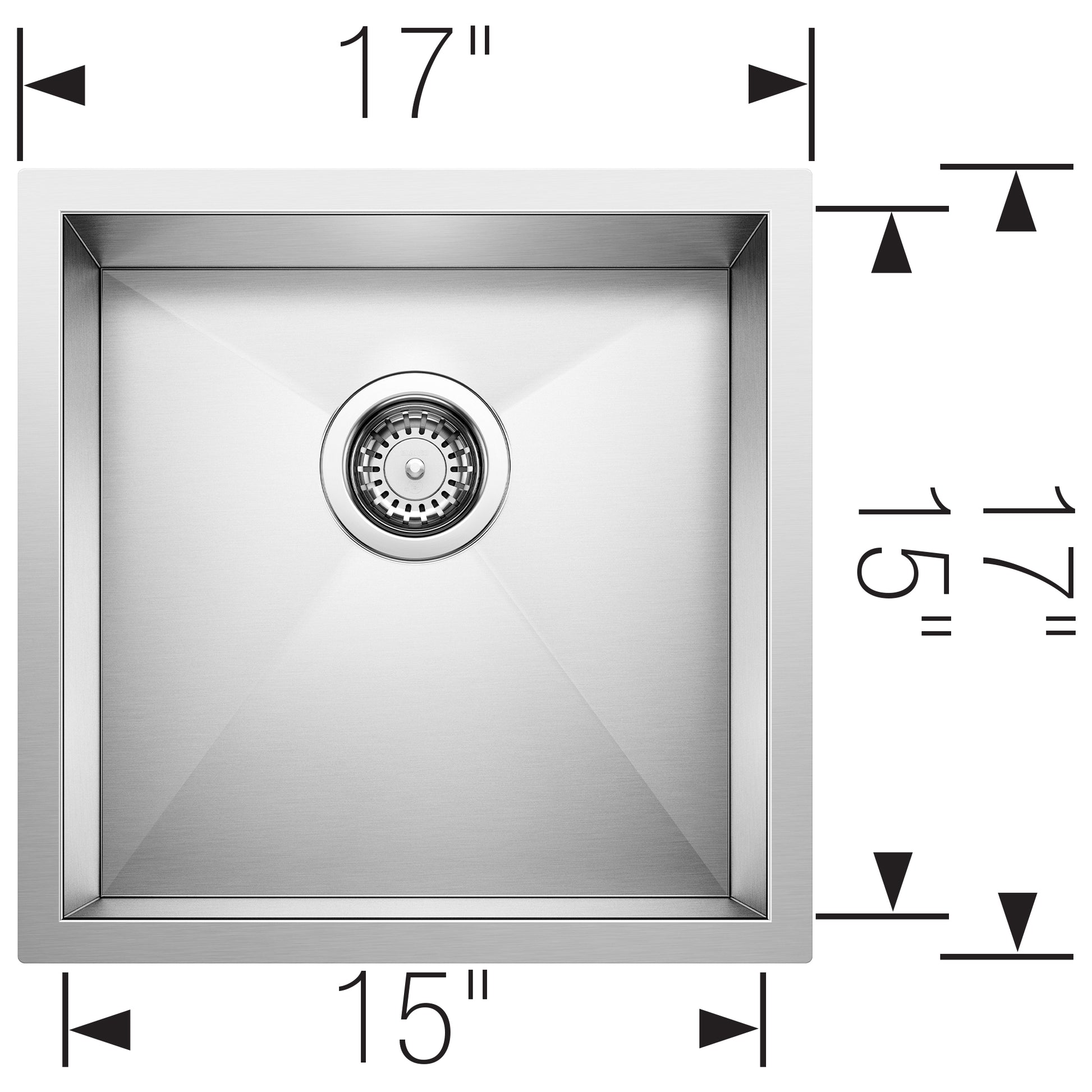 Stainless steel undermount bar sink with single basin, drain strainer, measuring 17" width by 15" depth.