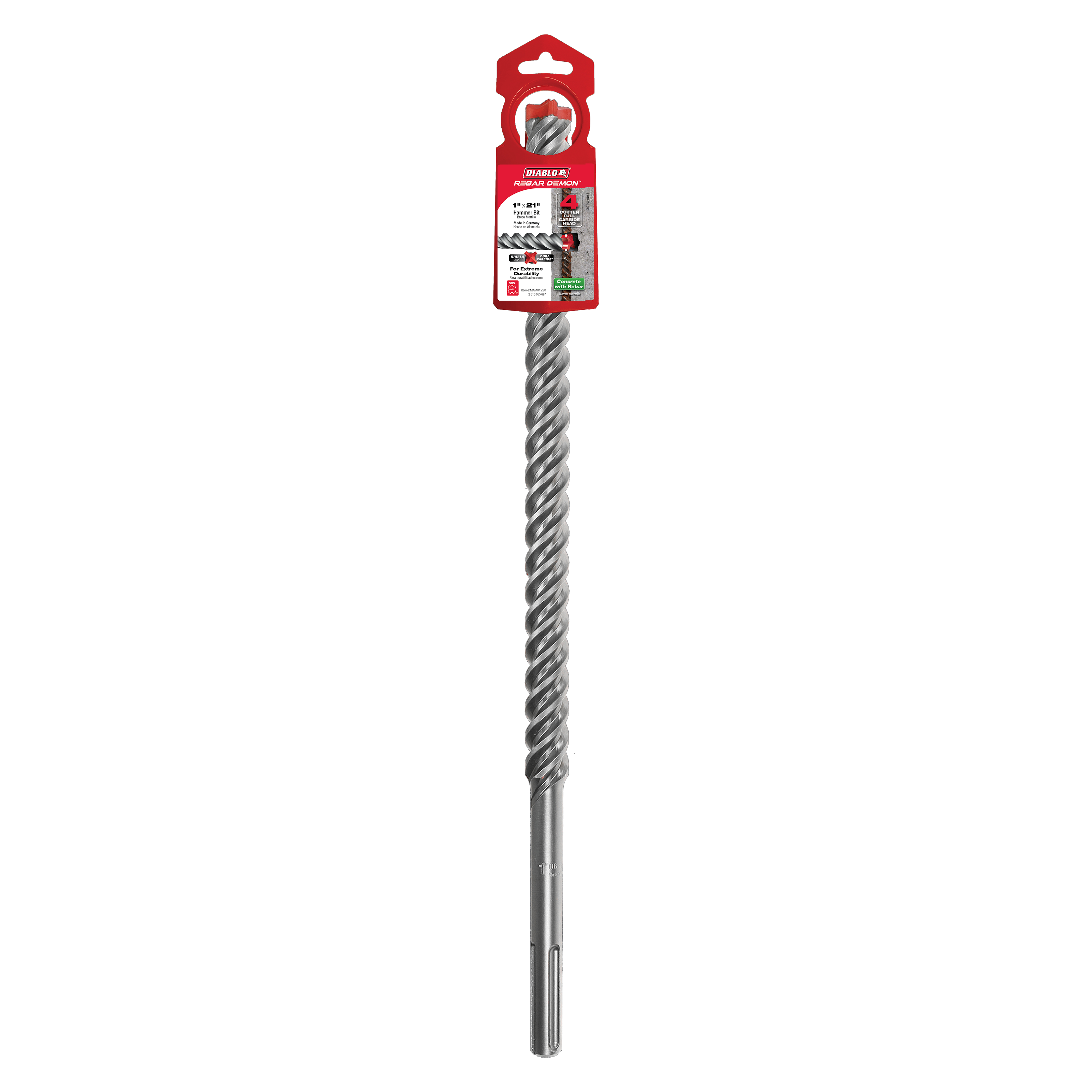 Two SDS-Max hammer drill bits with spiral flutes and carbide cutting head in red packaging.