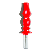 Red and gray router bit with decorative crown molding profile and silver shank.