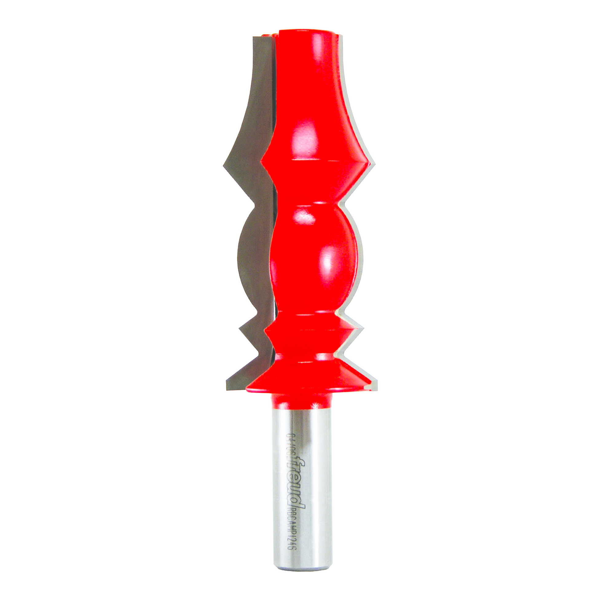 Red and gray router bit with decorative crown molding profile and silver shank.