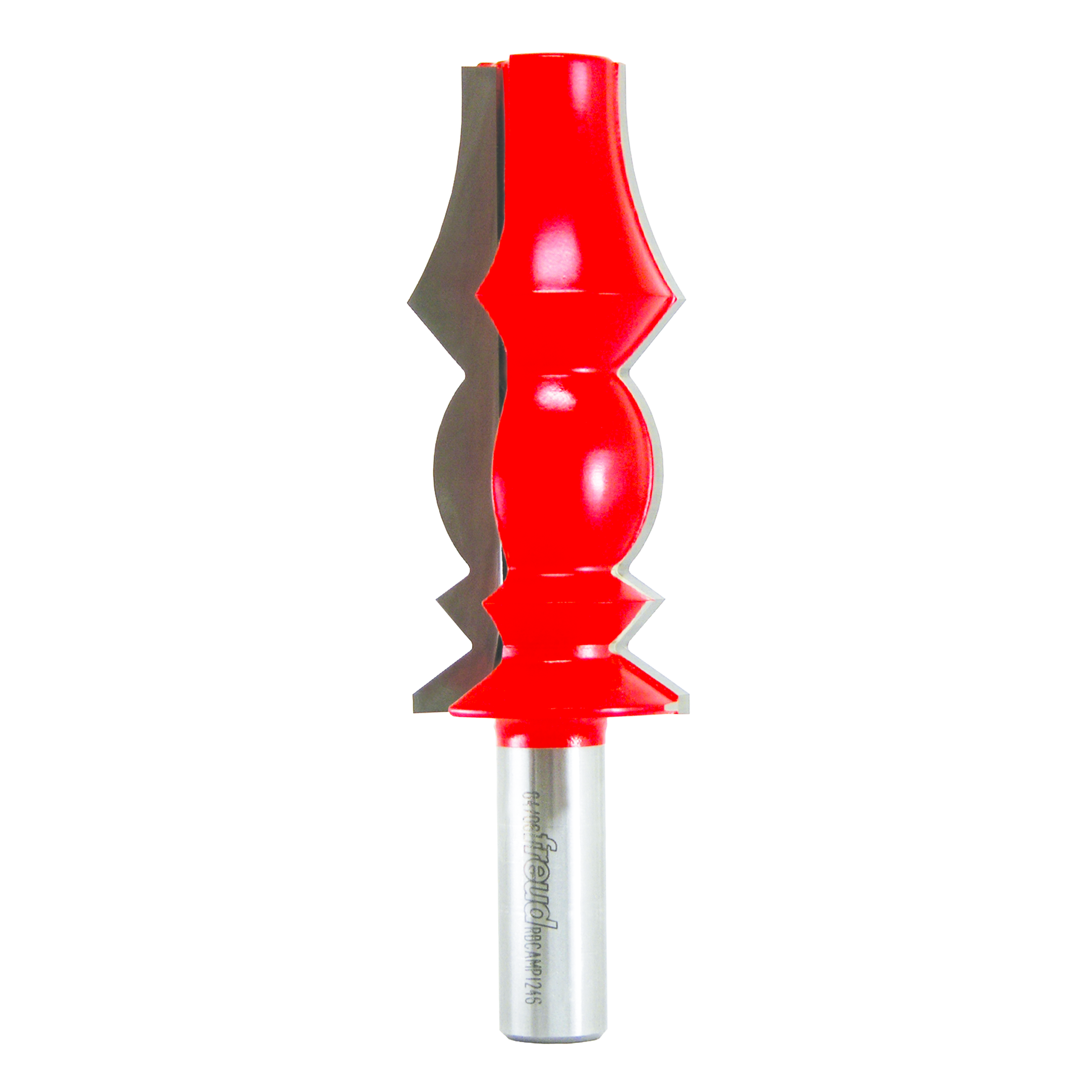 Red and gray router bit with decorative crown molding profile and silver shank.