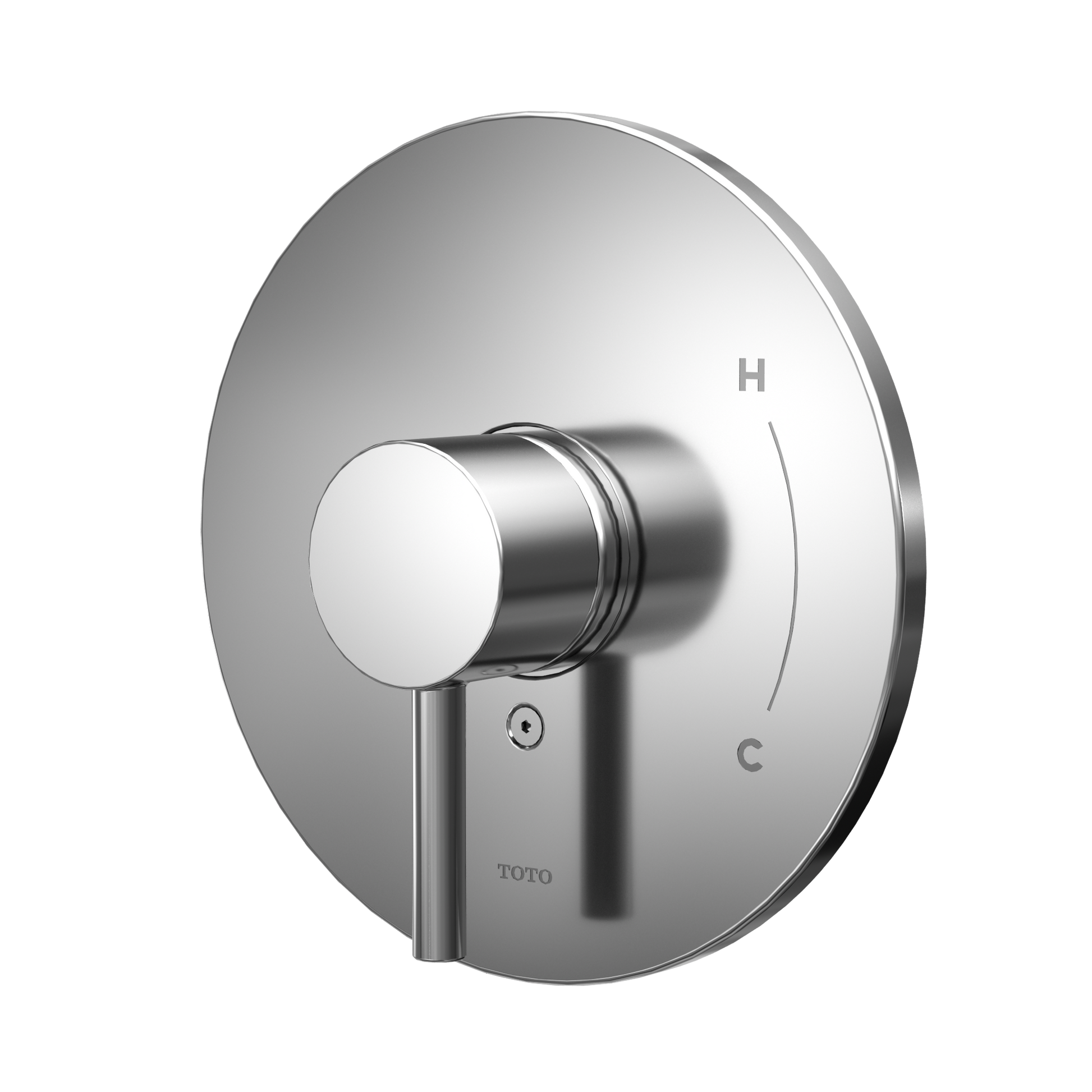 Polished chrome round shower valve trim with single lever handle and temperature adjustment markings.