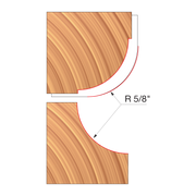 Wood router bit with convex curved edge on top and concave curved edge on bottom, both with R 5/8" radius.