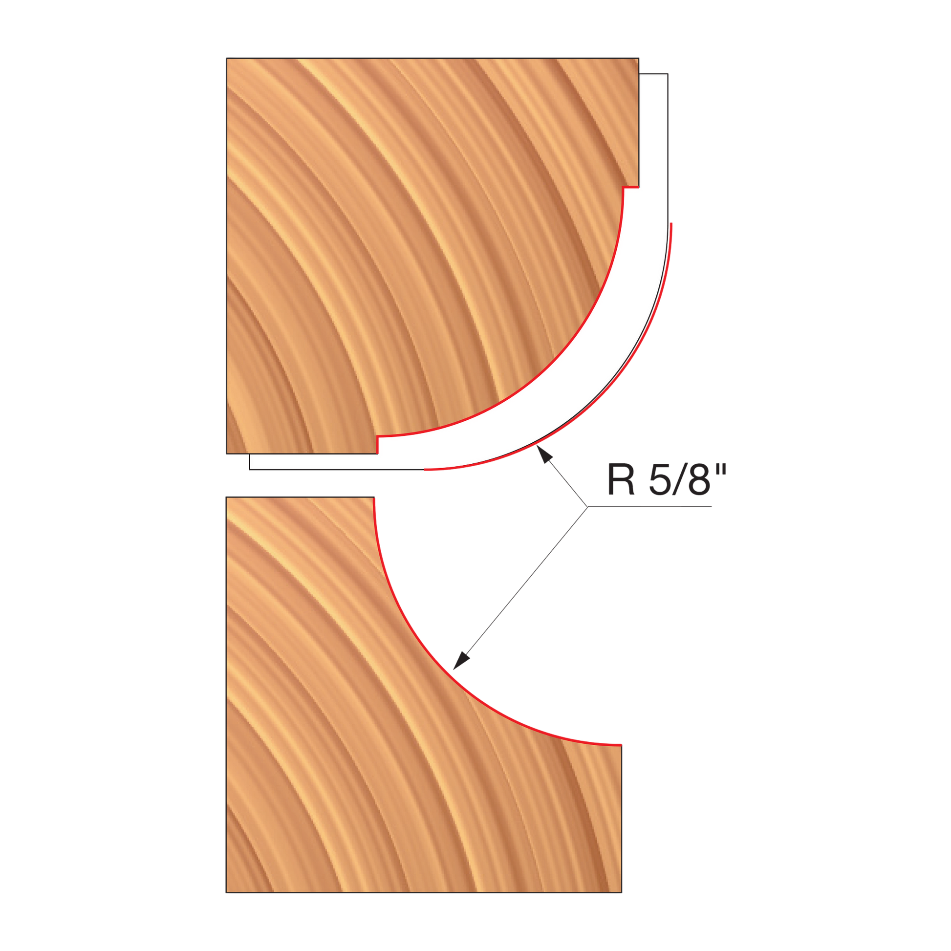 Wood router bit with convex curved edge on top and concave curved edge on bottom, both with R 5/8" radius.