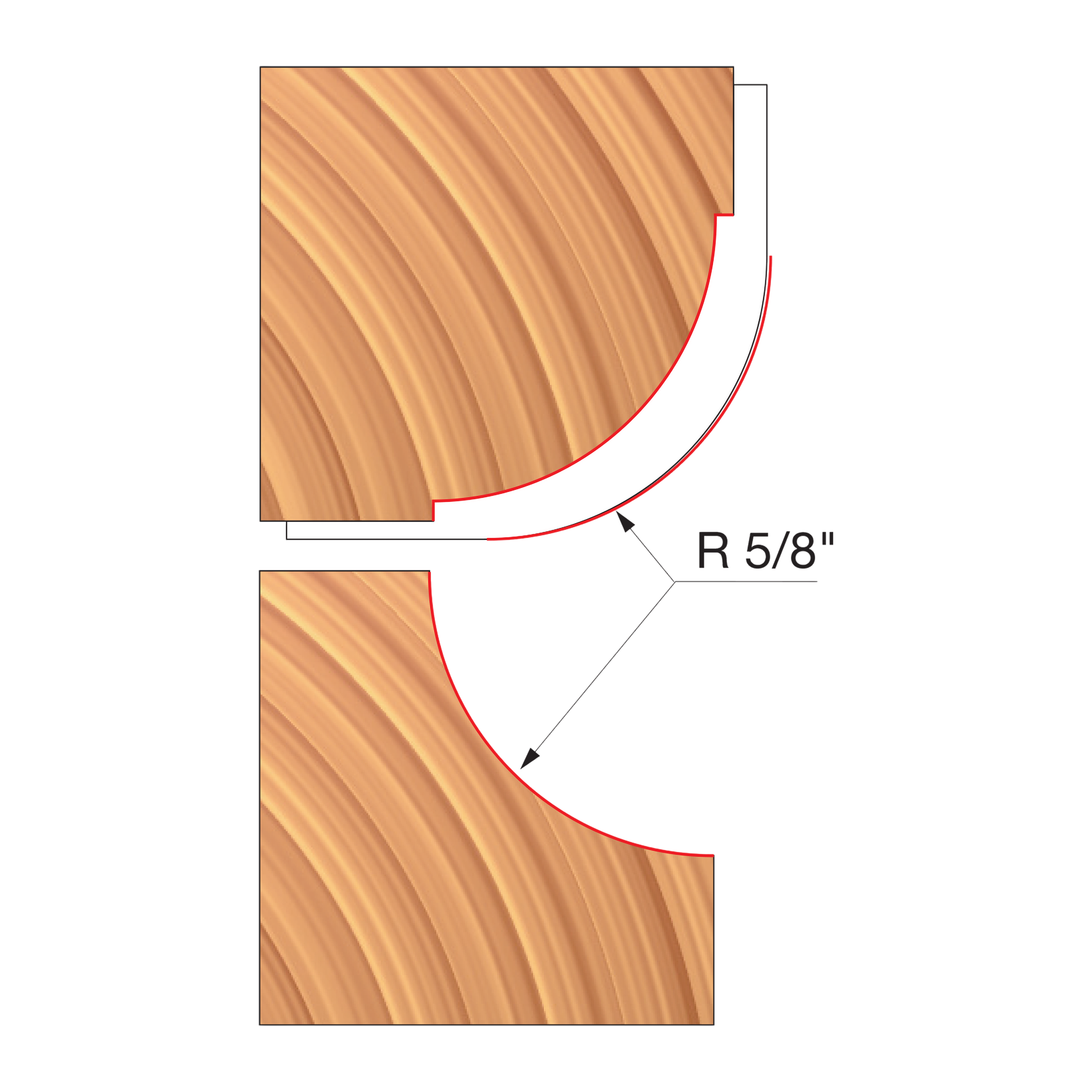 Wood router bit with convex curved edge on top and concave curved edge on bottom, both with R 5/8" radius.