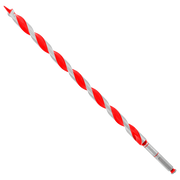 Red and silver spiral auger bit with pointed tip and cylindrical shank.
