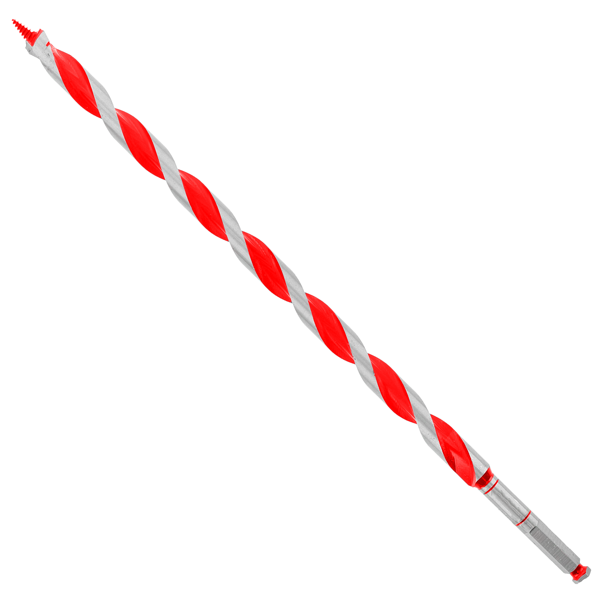 Red and silver spiral auger bit with pointed tip and cylindrical shank.