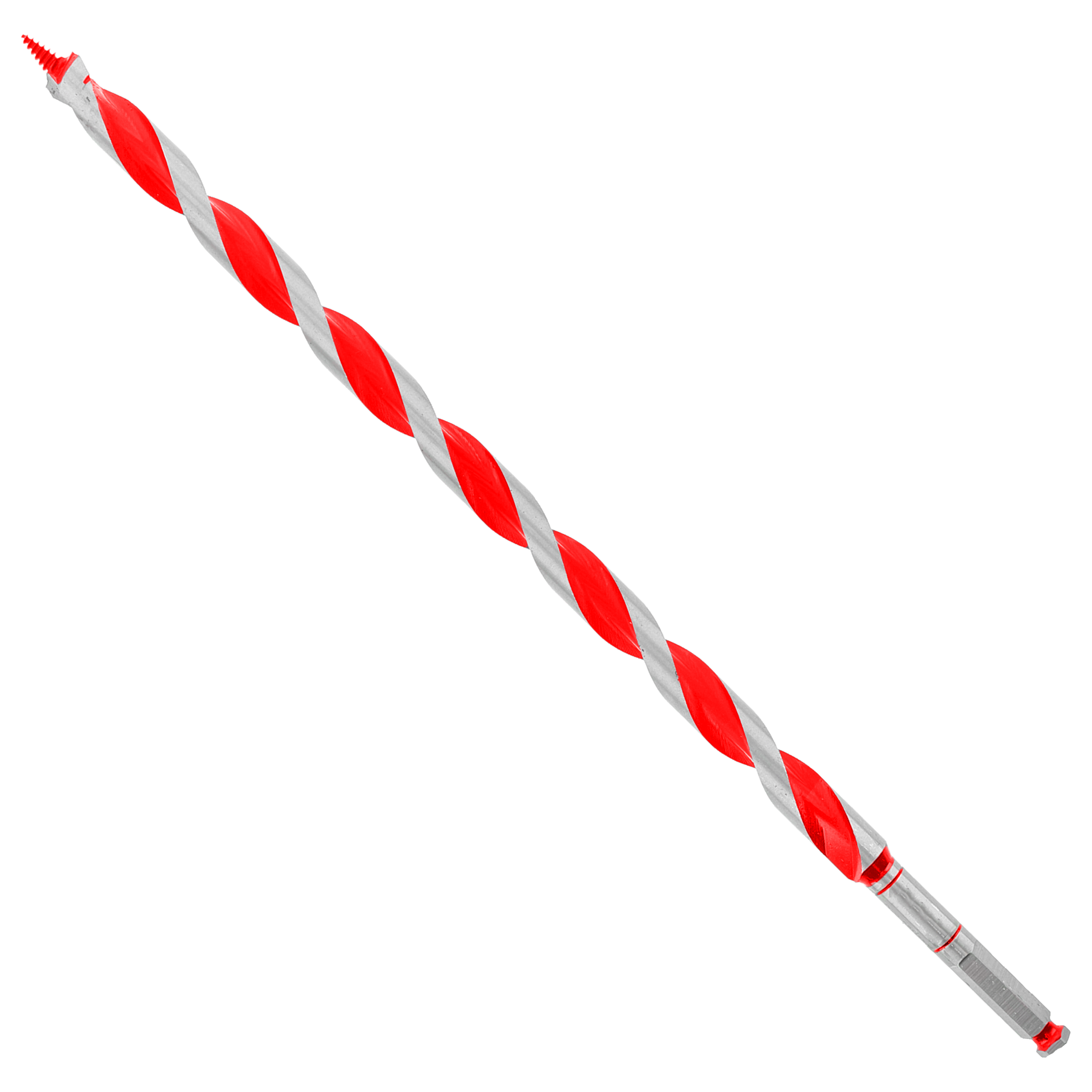 Red and silver spiral auger bit with pointed tip and cylindrical shank.