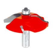 Red and gray raised panel router bit with silver shaft and bearing collar marked "Freud."