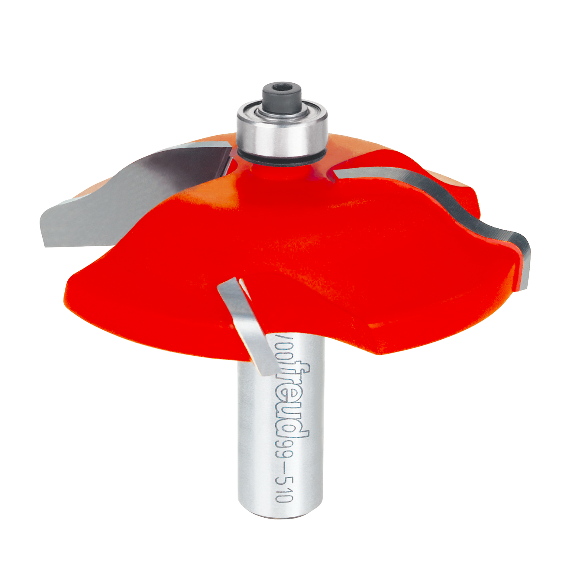 Red and gray raised panel router bit with silver shaft and bearing collar marked "Freud."