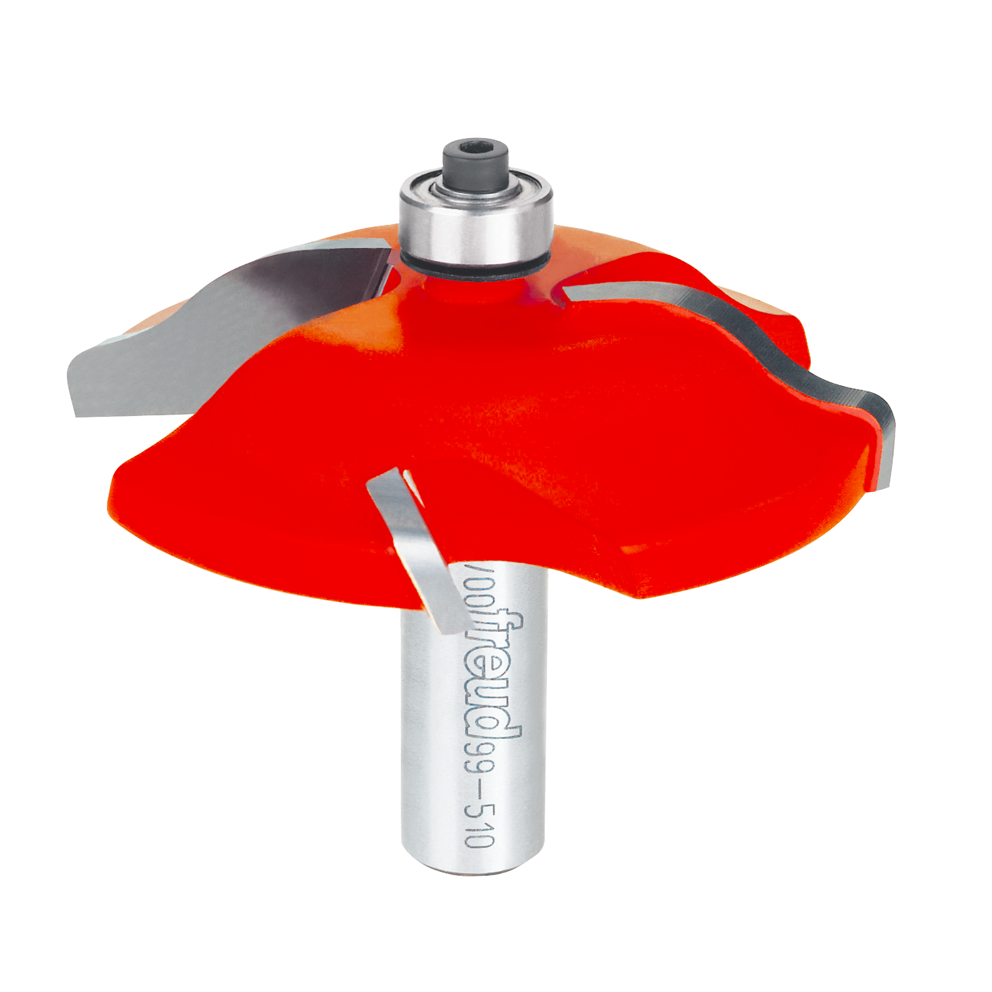 Red and gray raised panel router bit with silver shaft and bearing collar marked "Freud."