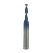 Up-cut spiral ball nose router bit with blue coating on cutting end and silver shank.