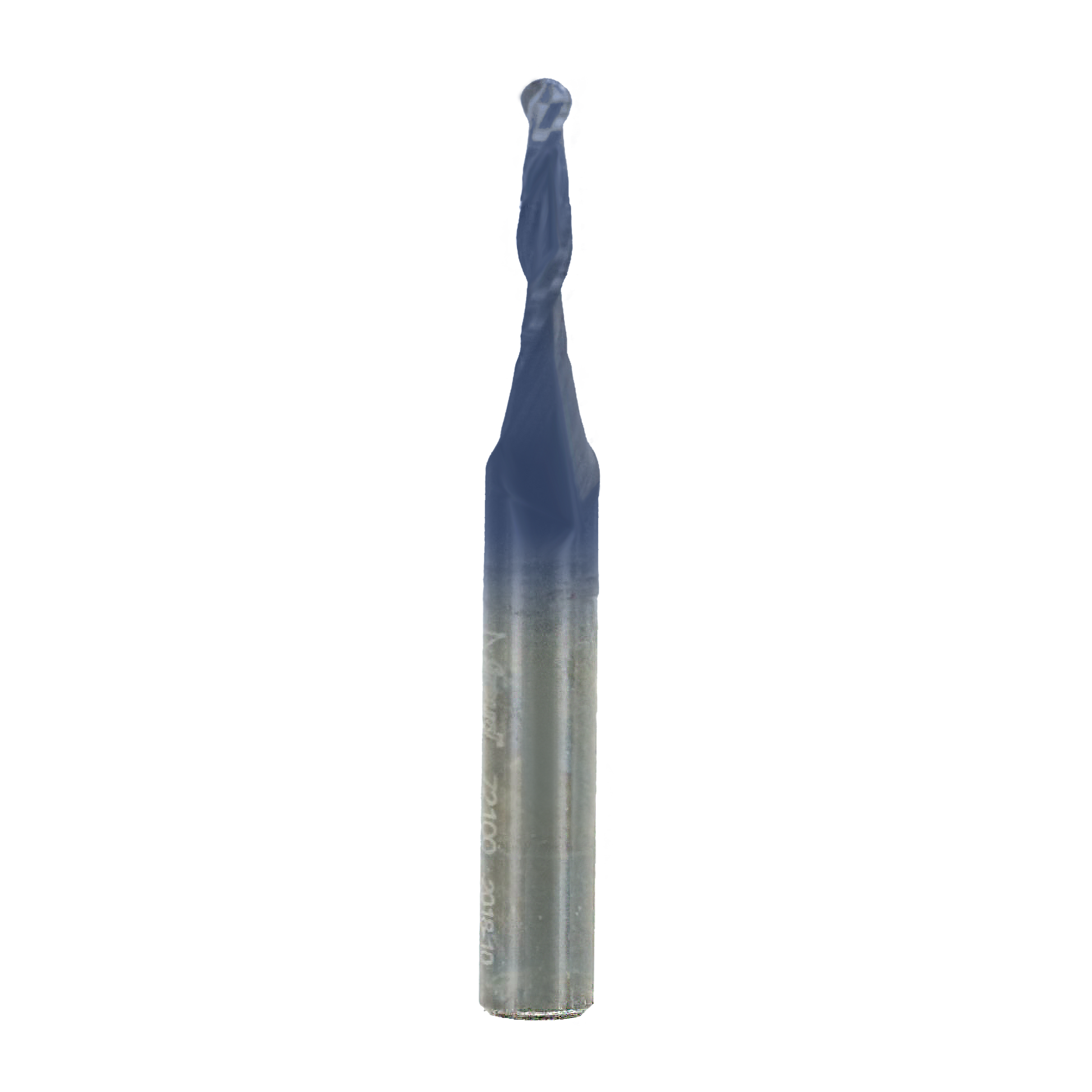 Up-cut spiral ball nose router bit with blue coating on cutting end and silver shank.