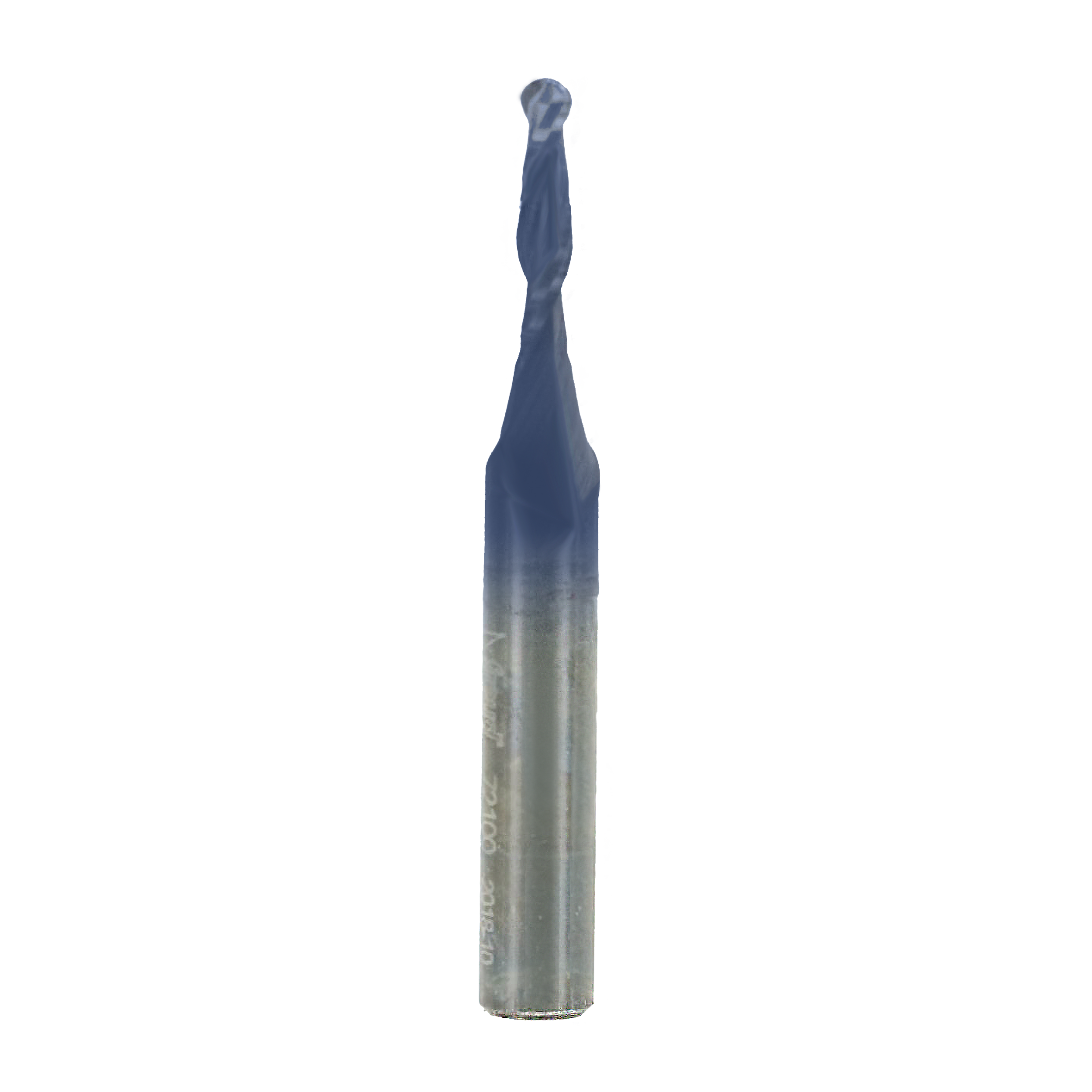 Up-cut spiral ball nose router bit with blue coating on cutting end and silver shank.