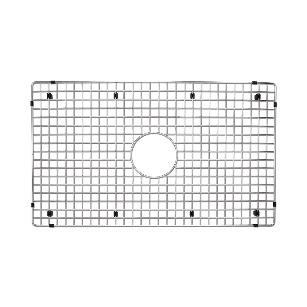 Stainless steel sink grid with fine mesh pattern and center drain opening, secured by rubber feet.