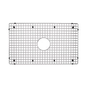 Stainless steel sink grid with fine mesh pattern and center drain opening, secured by rubber feet.