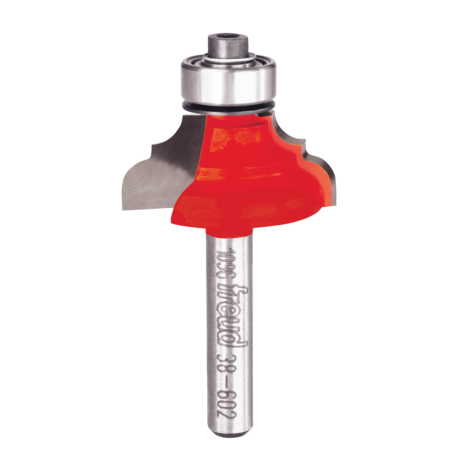Classical cove and round router bit with red cutting edges, metal shaft, and bearing guide.