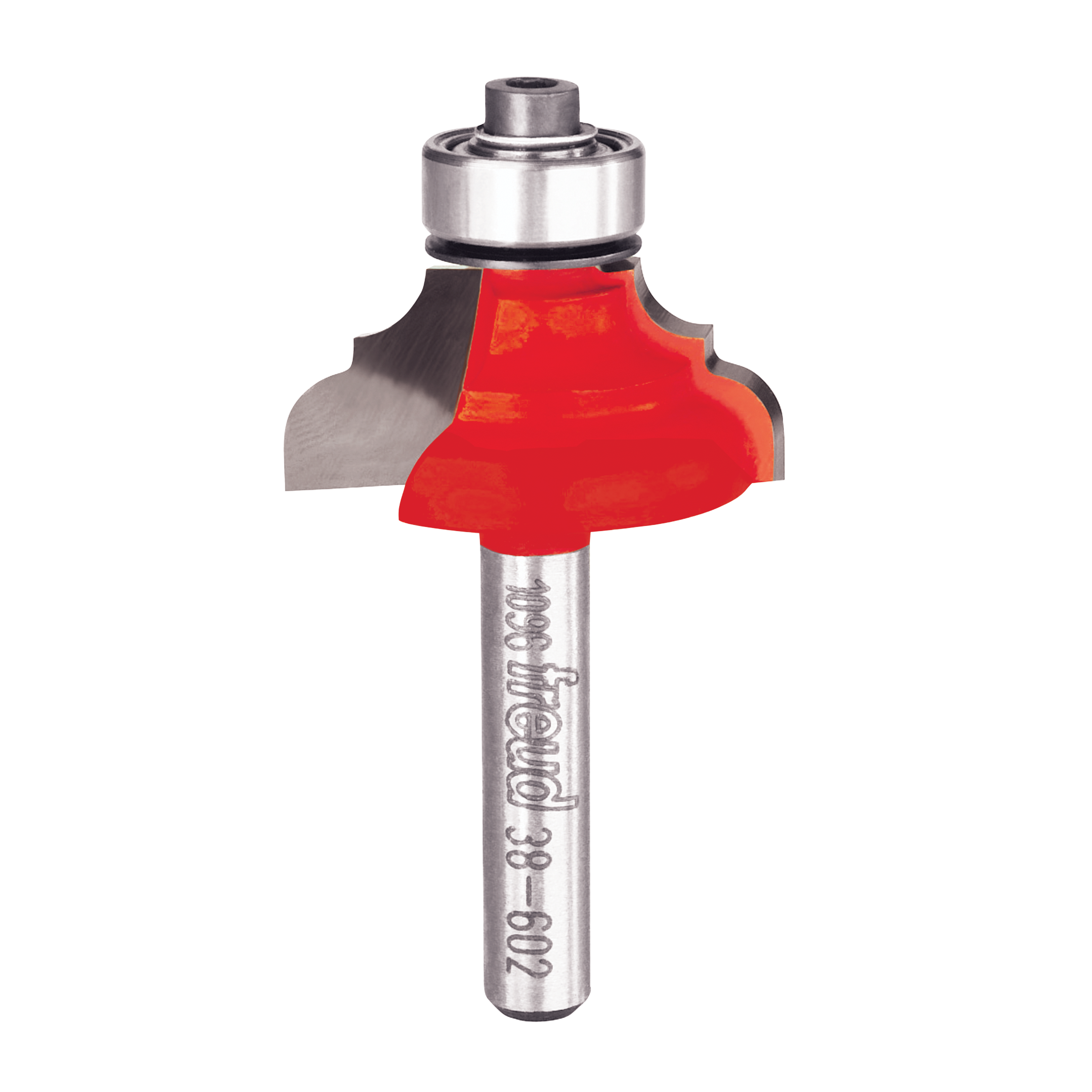 Classical cove and round router bit with red cutting edges, metal shaft, and bearing guide.