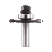 Metal router bit with cylindrical shaft, hexagonal nut assembly at top, and two rectangular cutting blades extending horizont