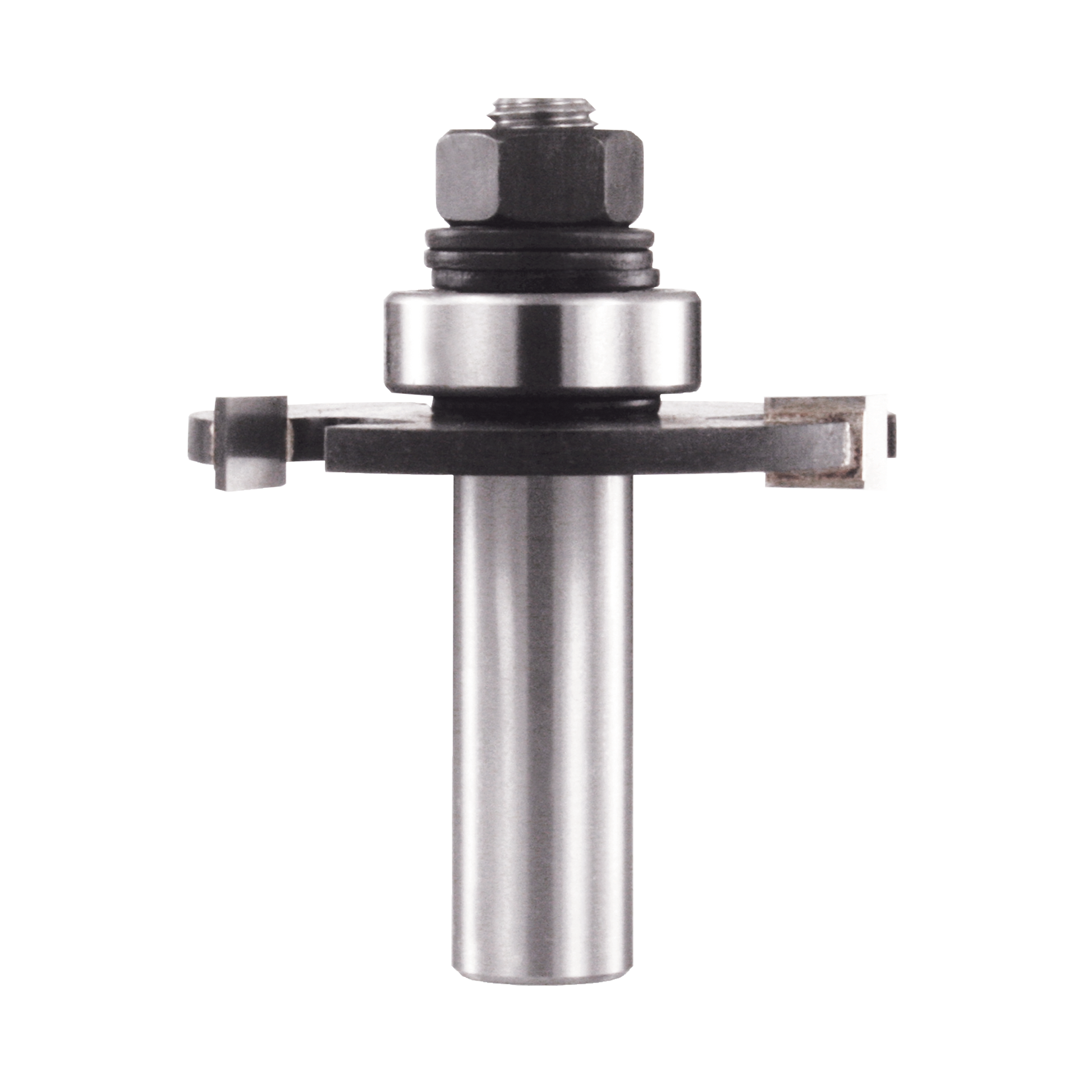 Metal router bit with cylindrical shaft, hexagonal nut assembly at top, and two rectangular cutting blades extending horizont