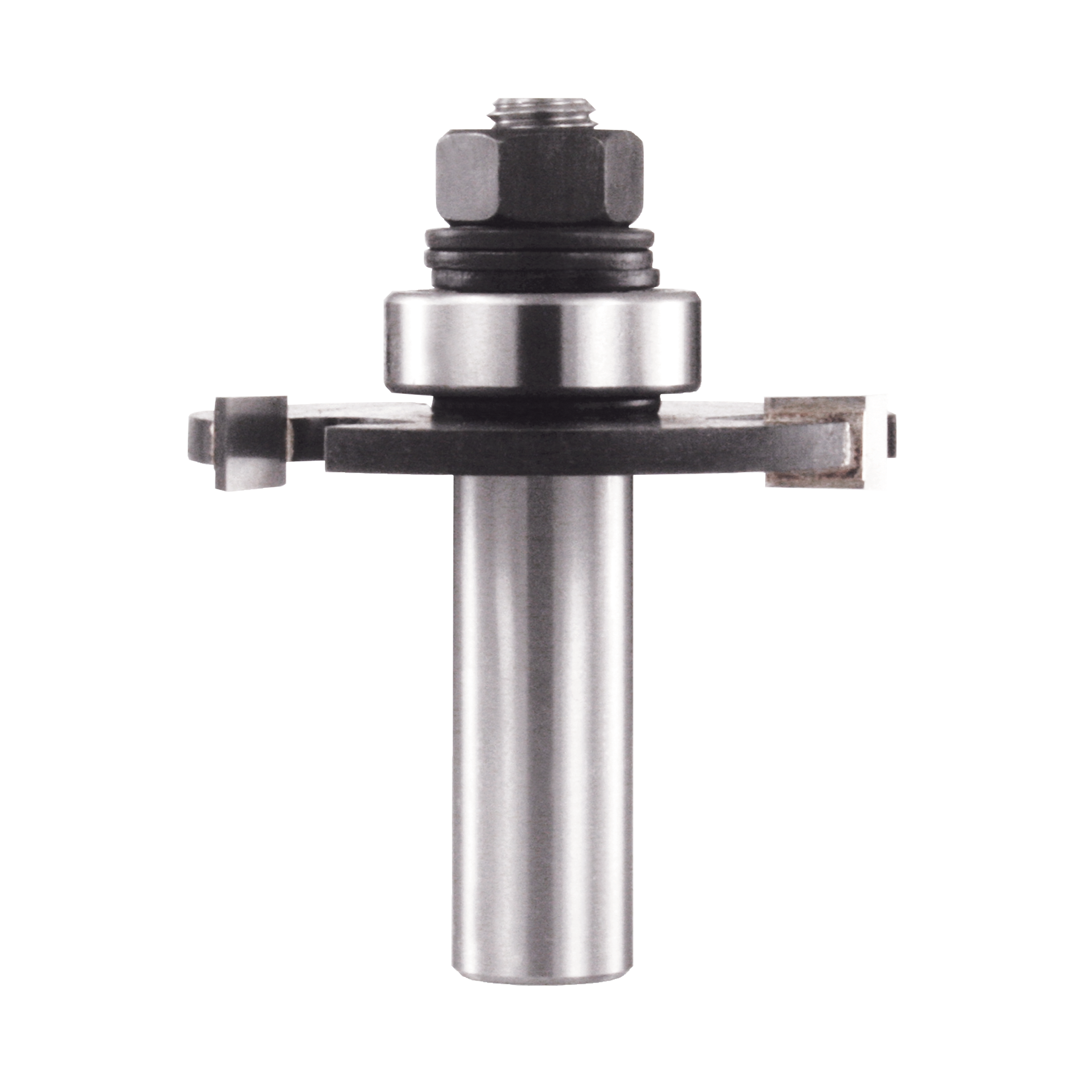 Metal router bit with cylindrical shaft, hexagonal nut assembly at top, and two rectangular cutting blades extending horizont