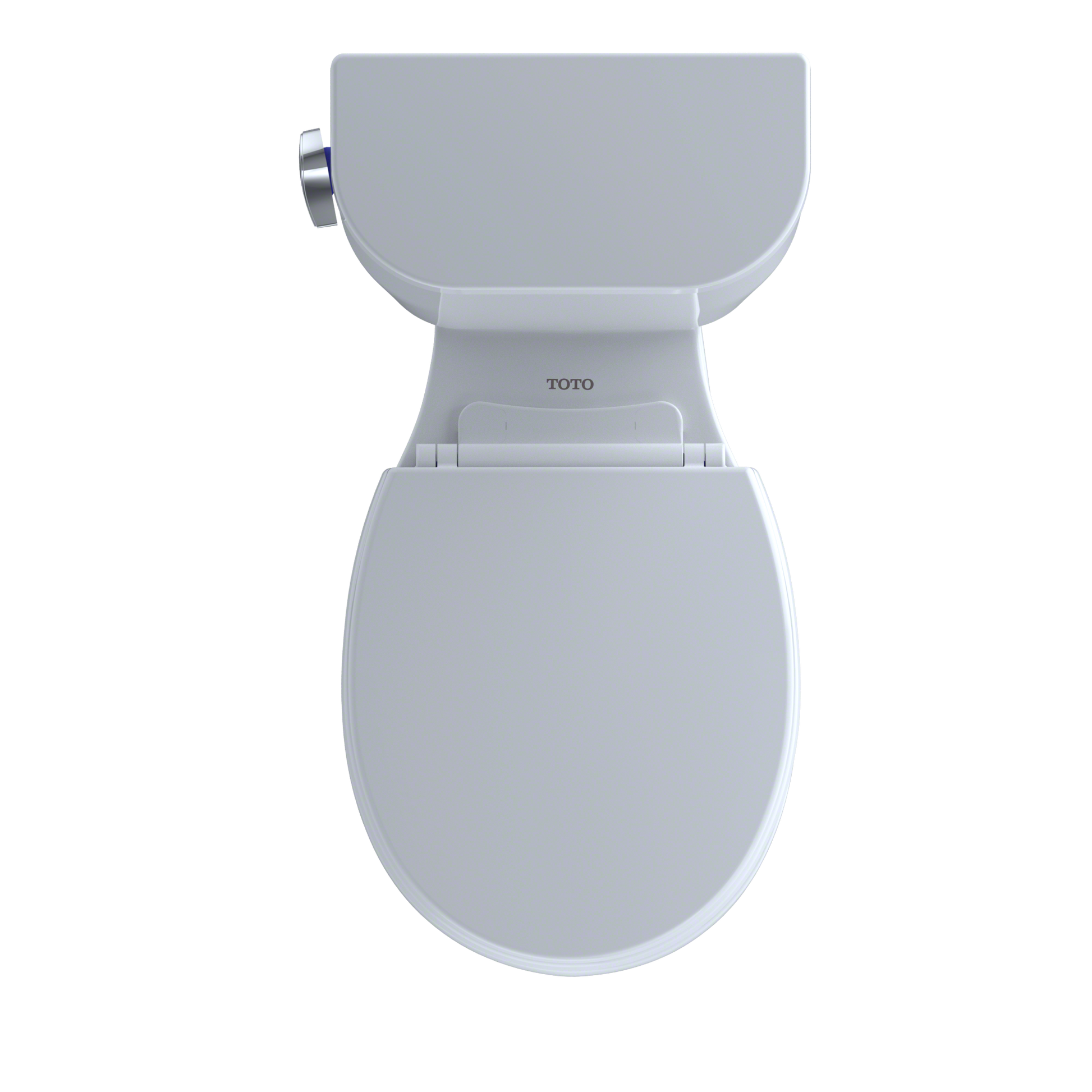 White two-piece round toilet with elongated bowl and tank, shown from above without seat.