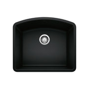 Coal black single bowl kitchen sink with rounded corners and chrome drain strainer, viewed from above.