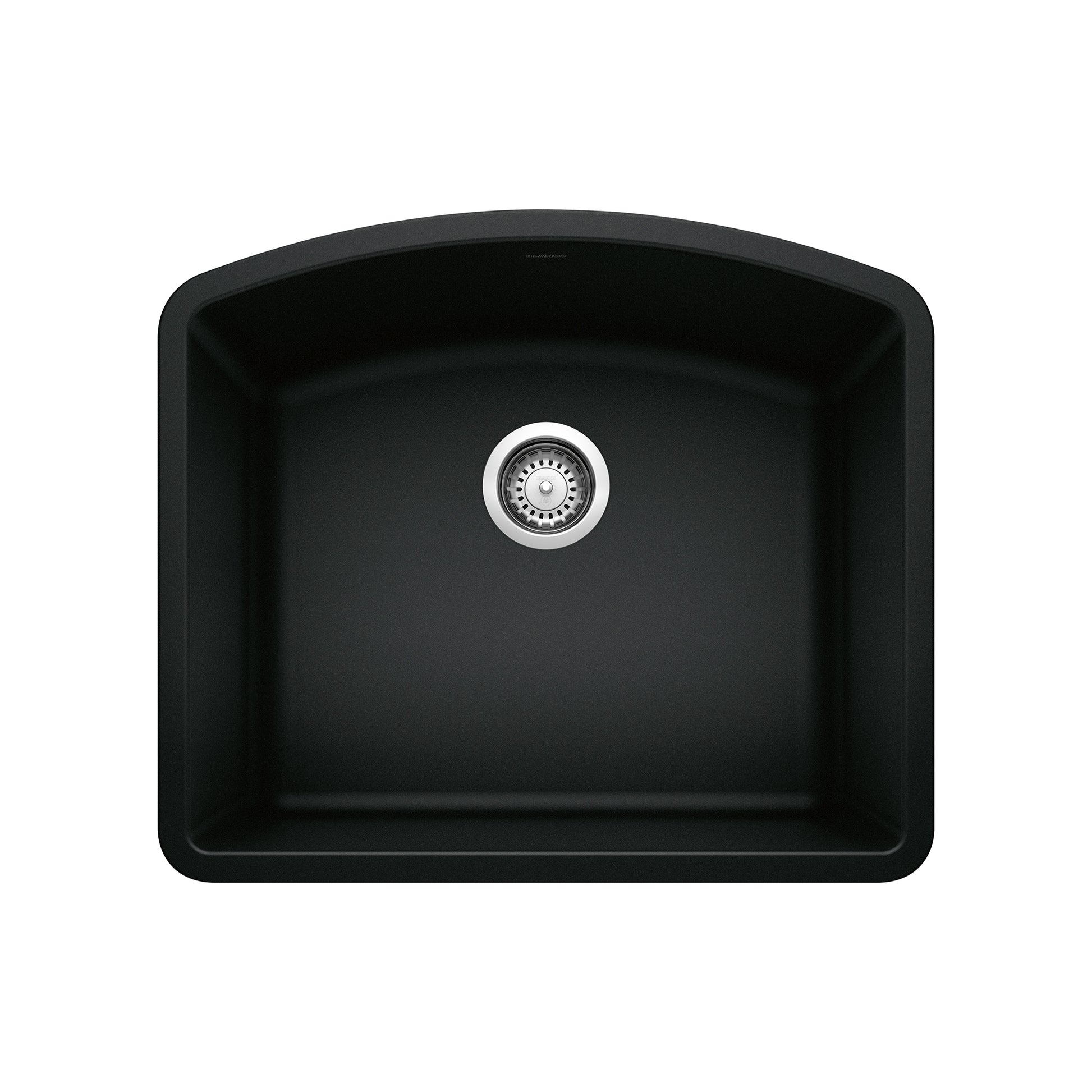 Coal black single bowl kitchen sink with rounded corners and chrome drain strainer, viewed from above.