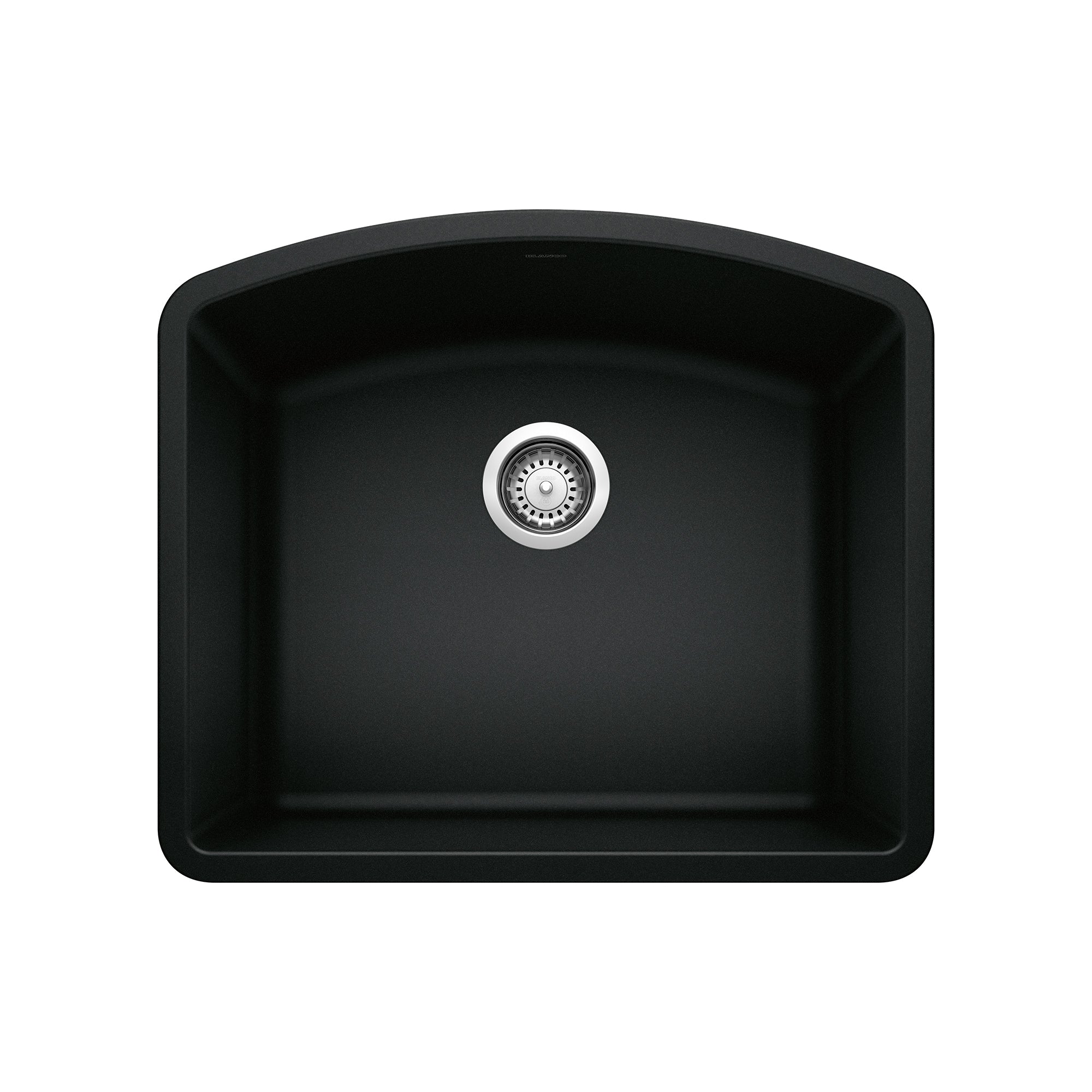 Coal black single bowl kitchen sink with rounded corners and chrome drain strainer, viewed from above.