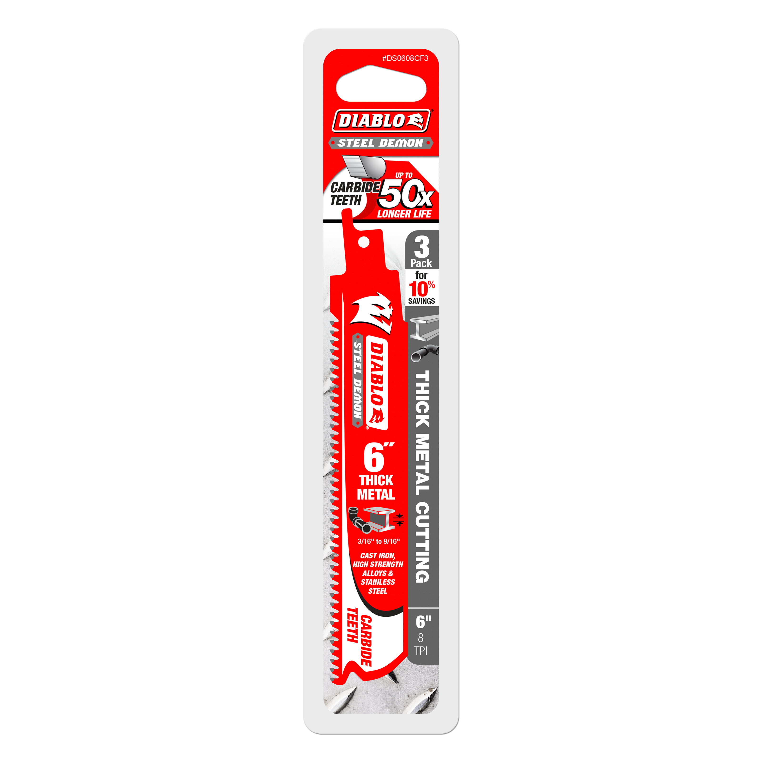 Three Diablo Steel Demon 6-inch carbide reciprocating saw blades with red packaging on white card.
