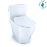 White elongated one-piece toilet with closed soft-close seat and integrated tank.